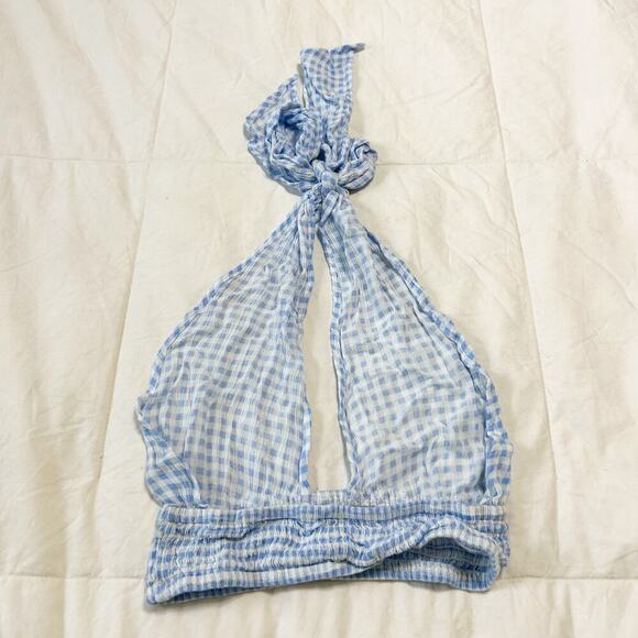 Princess Polly Blue White Checkered Gingham Jezebel Halter Crop Top Size US 2 - Picture 5 of 5